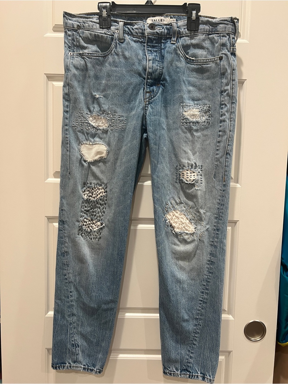 TALLEY Light Blue Distressed Patchwork Straight Leg Jeans